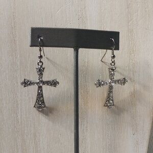 Rhinestone cross earrings 1.25 x 1" silvertone